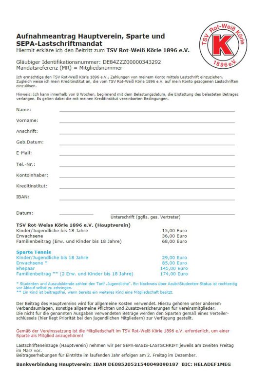 Aufnahmeantrag Sparte Tennis
